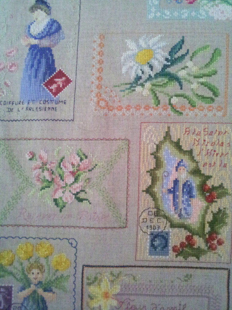 riesiger / huge sampler `Antique Postcards´ still in Progress (Detail)