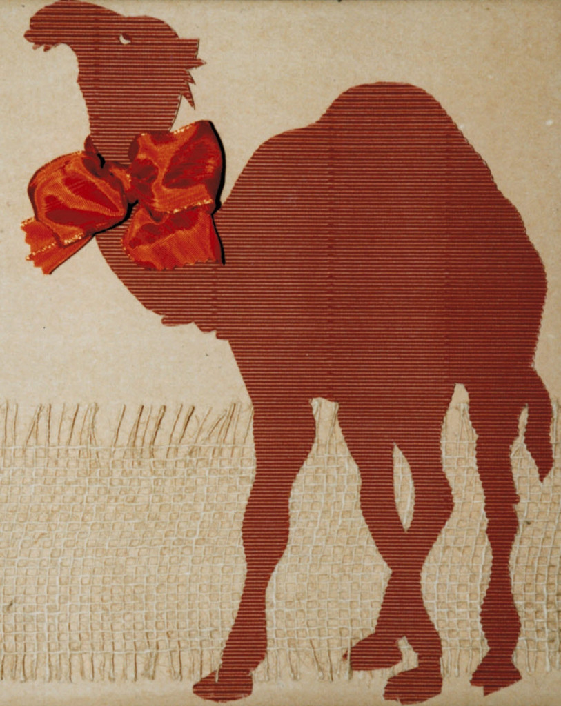 coruggated cardboard camel, small bow, burlap