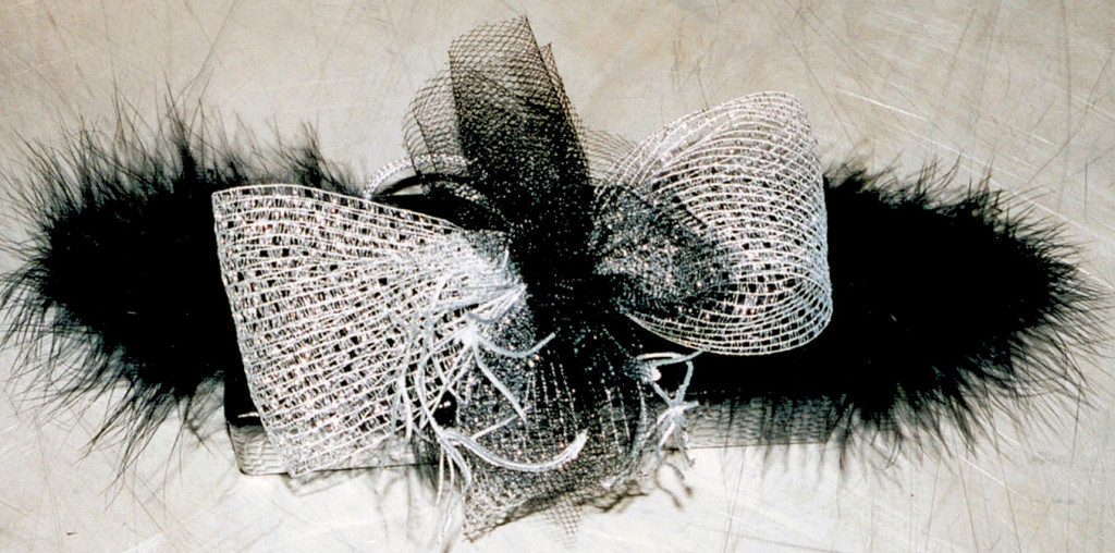 box under feathers, net ribbon, tulle, cord & artificial silver grass