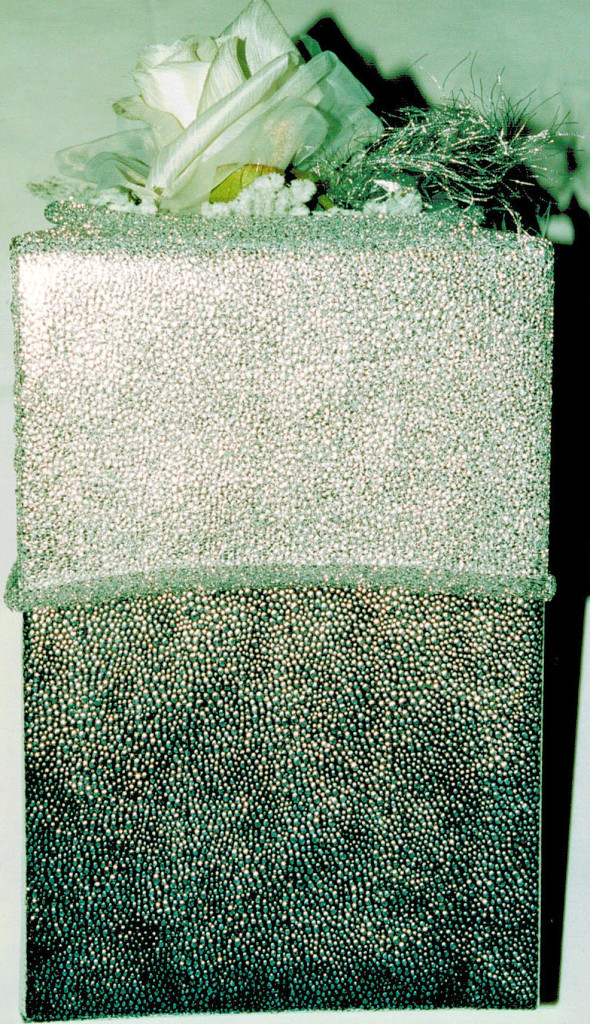silver lurex ribbon, silk rose & diff.frosted leaves