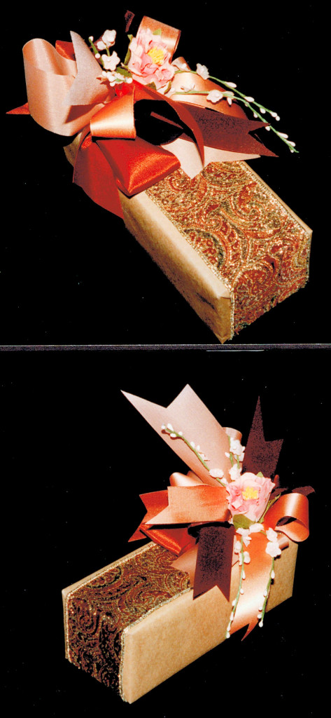 box in peach with brocade ribbon & satin bow
